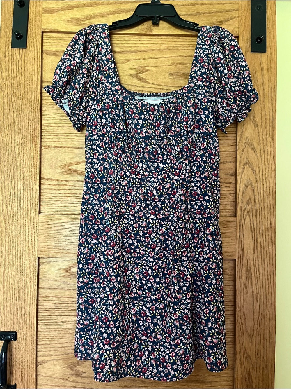 Navy Floral Short Sleeve Square Neck Dress